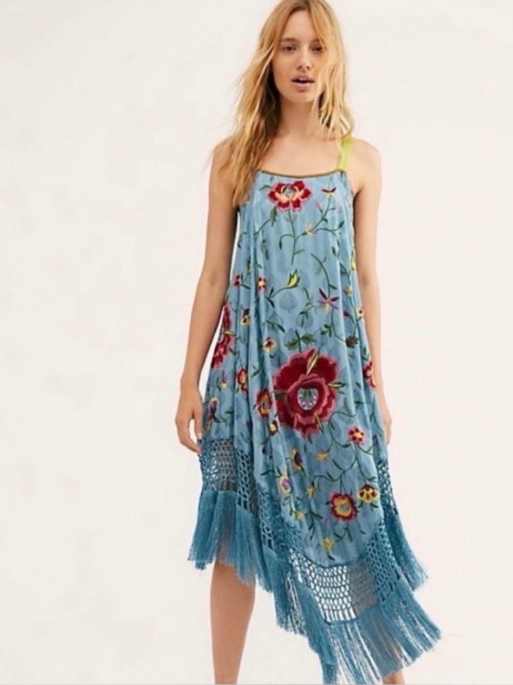Free People Wonderer Trapeze Light Blue Embroidered Maxi Dress with Lime Straps
